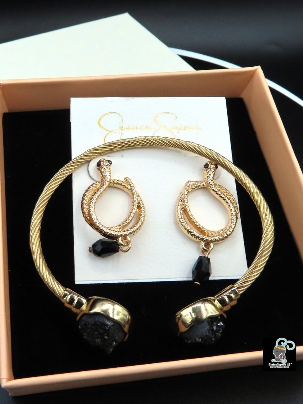 Jessica Simpson Snake Earrings and Gold Tone Black Druzy Cuff Bracelet